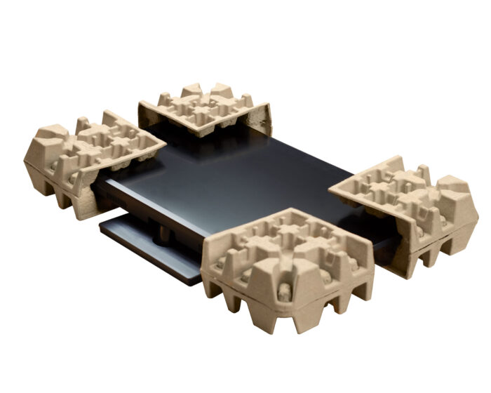 EGI moulded fibre corner protection installed on a computer screen